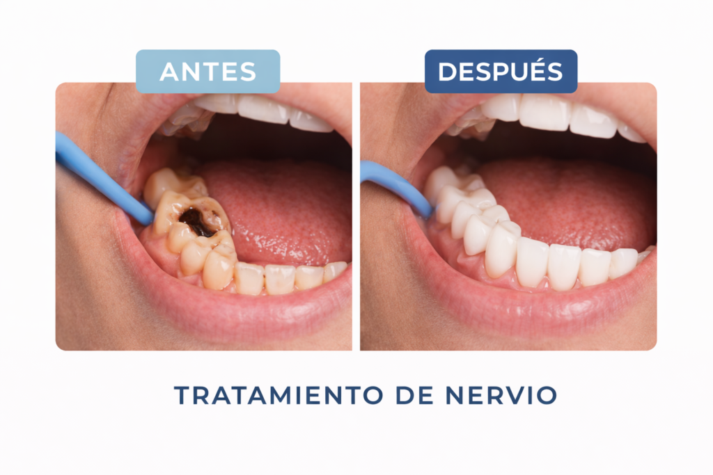 El tratamiento de nervio se realiza cuando la parte interna del diente está inflamada o infectada. Durante el procedimiento, se limpia cuidadosamente el interior del diente, se eliminan los tejidos dañados y se desinfecta el conducto. Luego se sella para protegerlo y restaurar su función, permitiendo conservar la pieza dental y eliminar el dolor.